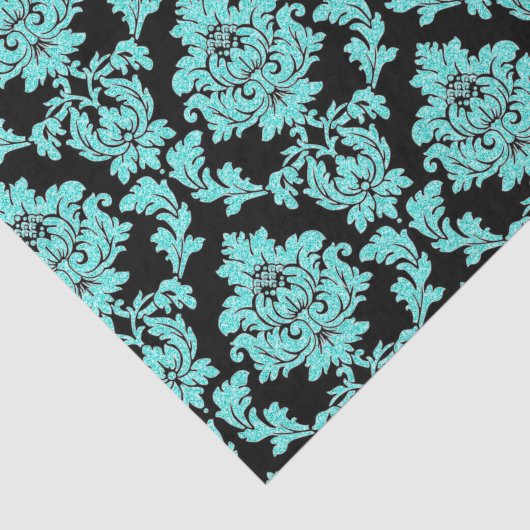 Türkisblaue Aqua Glitzer Schwarzer Damast Design Seidenpapier (Ausschnitt)
