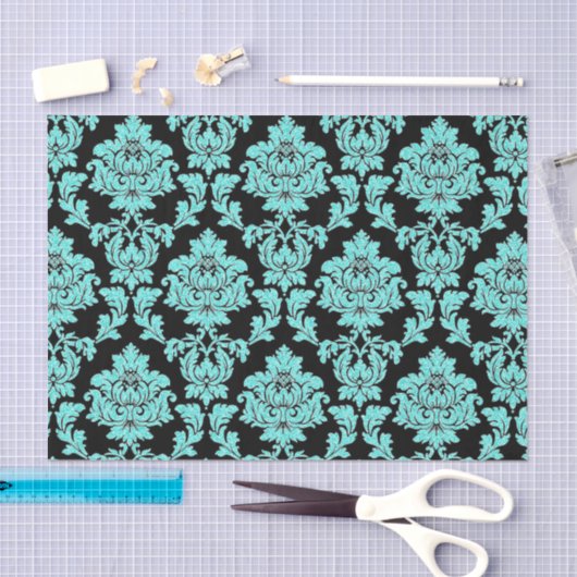 Türkisblaue Aqua Glitzer Schwarzer Damast Design Seidenpapier (Handwerk)