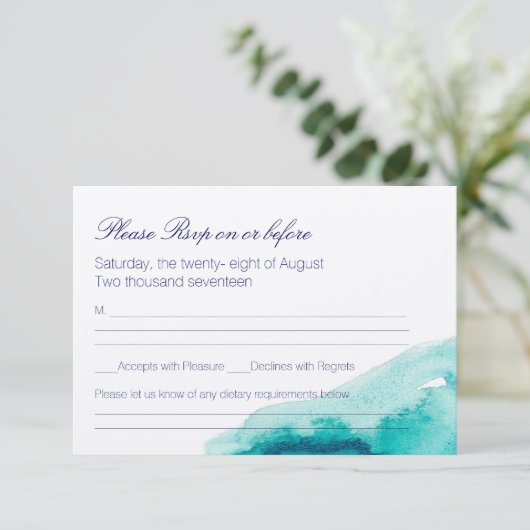 Türkisblaue Aquamarine Wasserfarbenprägung RSVP-Ka RSVP Karte (Stehend Vorderseite)