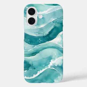 Türkisblaue Aquarell-Ozeanwellen abstrakt iPhone 16 Hülle