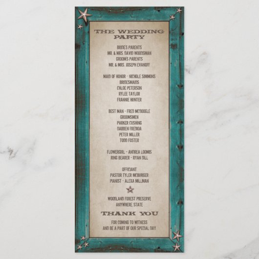 Türkisblaue Barn Wood Stars Western Hochzeitsprogr Programm (Rückseite)