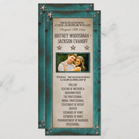 Türkisblaue Barn Wood Stars Western Hochzeitsprogr Programm (Vorne/Hinten)