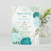 Türkisblaue Blume Grüne Blätter Brautparty Einladung (Stehend Vorderseite)