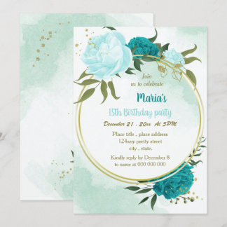 Türkisblaue Blume Grüne Blätter Geburtstag Einladung