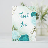 Türkisblaue Blume Grüne Blätter Hochzeit Dankeskarte (Stehend Vorderseite)