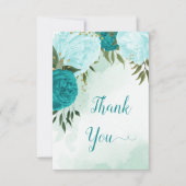 Türkisblaue Blume Grüne Blätter Hochzeit Dankeskarte (Vorderseite)