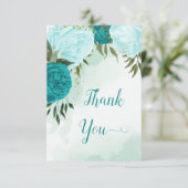 Türkisblaue Blume Grüne Blätter Hochzeit Dankeskarte (Stehend Vorderseite)