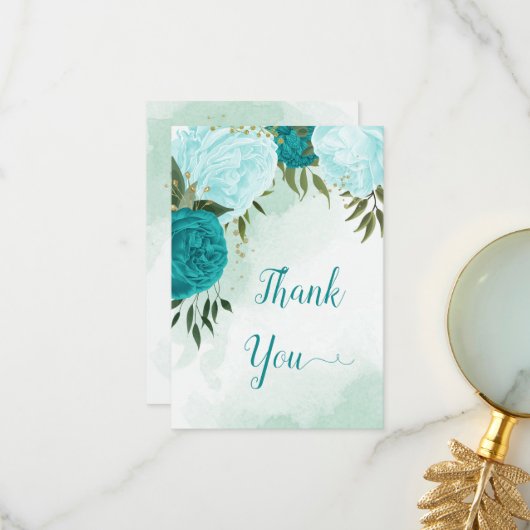 Türkisblaue Blume Grüne Blätter Hochzeit Dankeskarte (Vorderseite/Rückseite Beispiel)