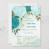 Türkisblaue Blume Grüne Blätter Hochzeit Einladung (Vorderseite)