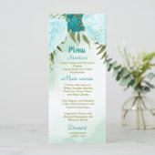 Türkisblaue Blume Grüne Blätter Hochzeit Menükarte (Stehend Vorderseite)