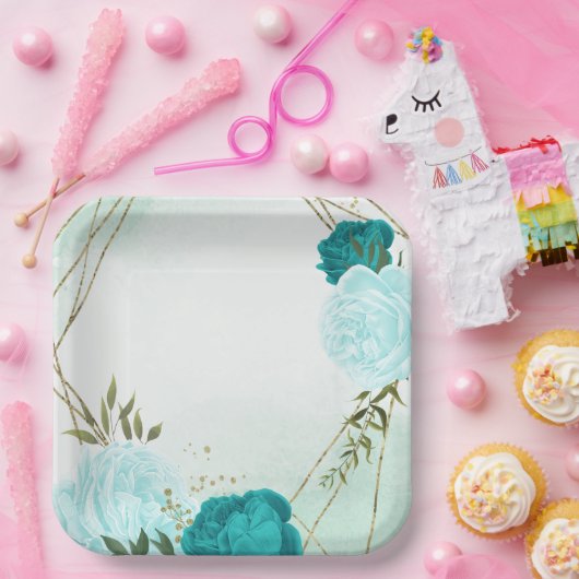 Türkisblaue Blume Grüne Blätter Hochzeit Pappteller (Party)