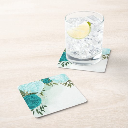 Türkisblaue Blume Grüne Blätter Hochzeit Rechteckiger Pappuntersetzer (Vor Ort)