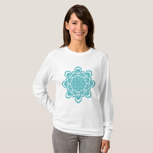 Türkisblaue Blume Mandala Long Sleeve T-Shirt (Vorne ganz)