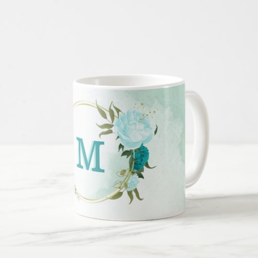 Türkisblaue Blumen Kaffeetasse (VorderseiteRechts)