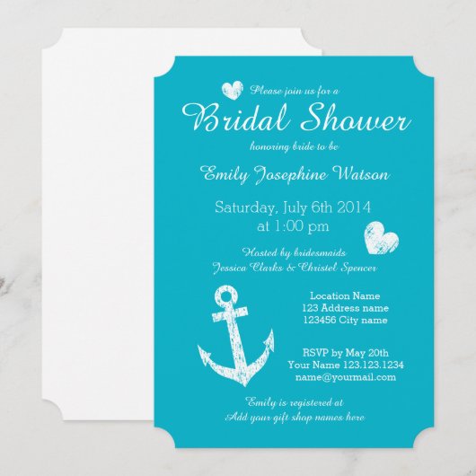 Türkisblaue Brautdusche Einladung (Vorne/Hinten)