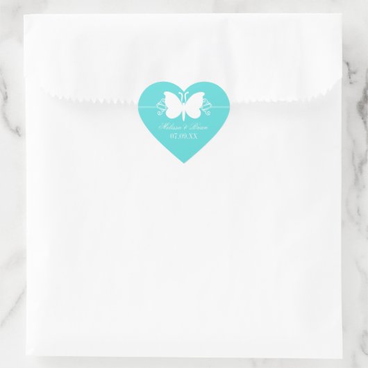 Türkisblaue Butterfly-Wirbel Hochzeitsticker Herz-Aufkleber (Tasche)