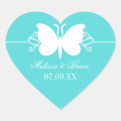 Türkisblaue Butterfly-Wirbel Hochzeitsticker Herz-Aufkleber (Vorderseite)