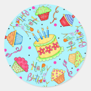 Türkisblaue Cupcakes und Kuchen Glücklich Geburtst Runder Aufkleber