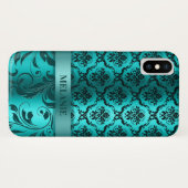 Türkisblaue Damasken mit metallischem Akzent Case-Mate iPhone Hülle (Rückseite (Horizontal))