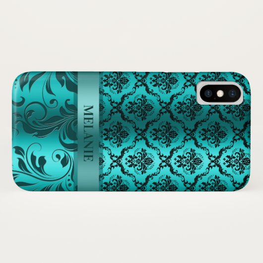 Türkisblaue Damasken mit metallischem Akzent Case-Mate iPhone Hülle (Rückseite (Horizontal))