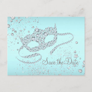 Türkisblaue Diamant-Maskenparty - Save-the-Date Ankündigungspostkarte