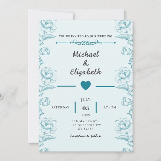 Türkisblaue Floral Wedding Einladungskarte Design Einladung (Vorderseite)