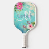 Türkisblaue Florenfarbe Moderne Monogramme Pickleball Schläger (Rückseite)