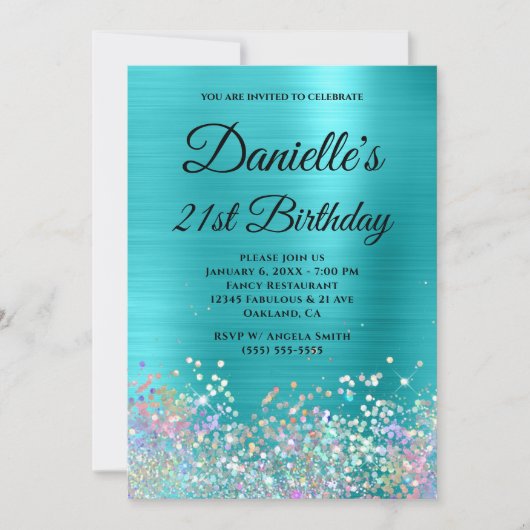 Türkisblaue Folie Holo Glitzer Extravagant Monogra Einladung (Vorderseite)