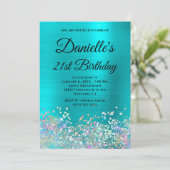 Türkisblaue Folie Holo Glitzer Extravagant Monogra Einladung (Stehend Vorderseite)