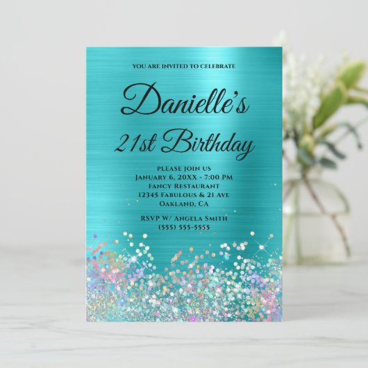 Türkisblaue Folie Holo Glitzer Extravagant Monogra Einladung (Stehend Vorderseite)