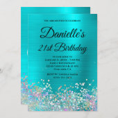 Türkisblaue Folie Holo Glitzer Extravagant Monogra Einladung (Vorne/Hinten)