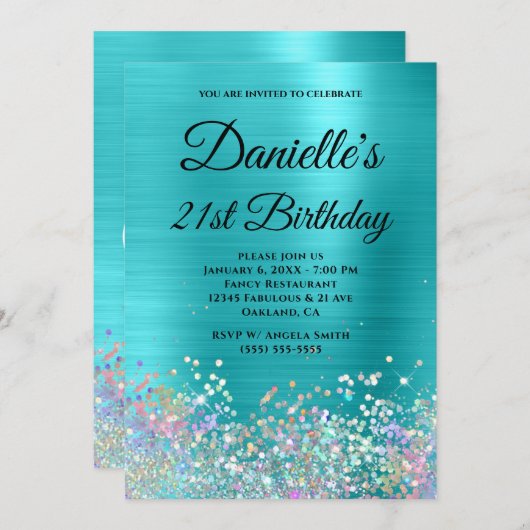 Türkisblaue Folie Holo Glitzer Extravagant Monogra Einladung (Vorne/Hinten)