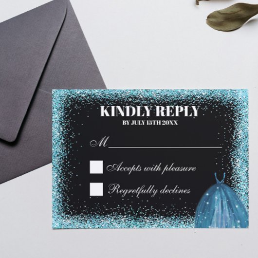 Türkisblaue Glitzer Foil Balloon Ballgown Custom RSVP Karte