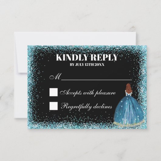 Türkisblaue Glitzer Foil Balloon Ballgown Custom RSVP Karte (Vorderseite)