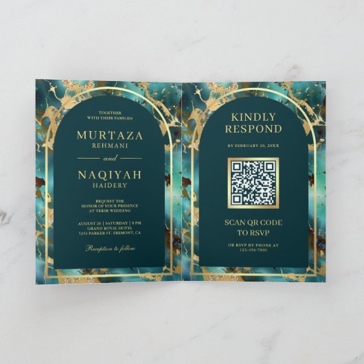Türkisblaue Goldmarmor QR-Code für muslimische Hoc Einladung (Innenseite)