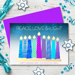 Türkisblaue Hanukkah-Kerzen Frieden Liebe Echtgold Folien Feiertagskarte