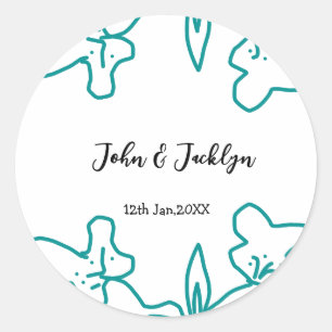 Türkisblaue Hochzeitspaar Name Datum elegant Runder Aufkleber
