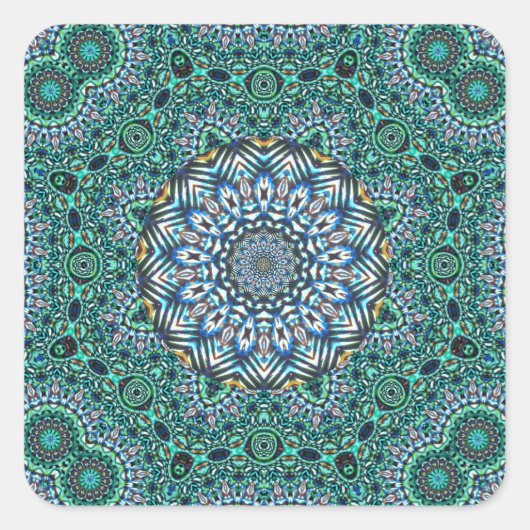 Türkisblaue Kaleidoskopische Mosaikreflektionen De Quadratischer Aufkleber (Vorderseite)