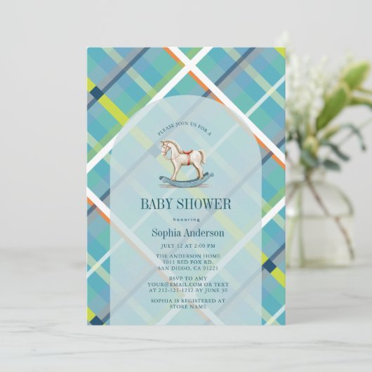 Türkisblaue Karierte Rocking Horse Boy Baby Dusche Einladung (Stehend Vorderseite)