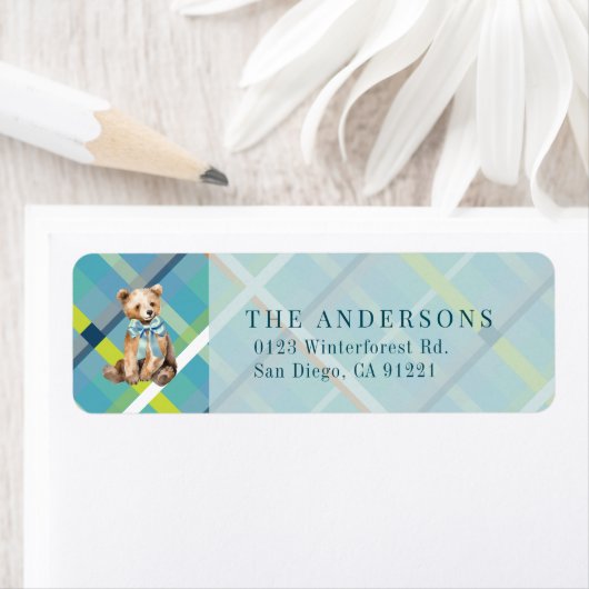 Türkisblaue Karierte Teddy Bear Bow Rücksendeadres (Insitu)