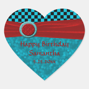 Türkisblaue Karos und Rotes Herz Herz-Aufkleber