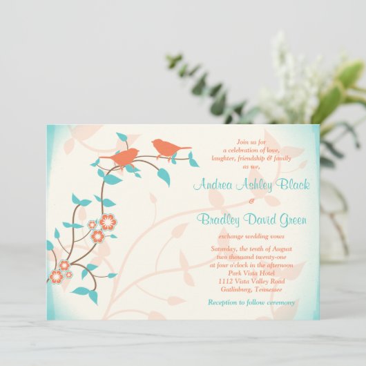 Türkisblaue Korallenvögel Blätter Einladung Hochze (Stehend Vorderseite)
