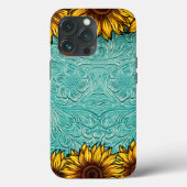 Türkisblaue Ledermotive Sonnenblumen Case-Mate iPhone Hülle (Rückseite)