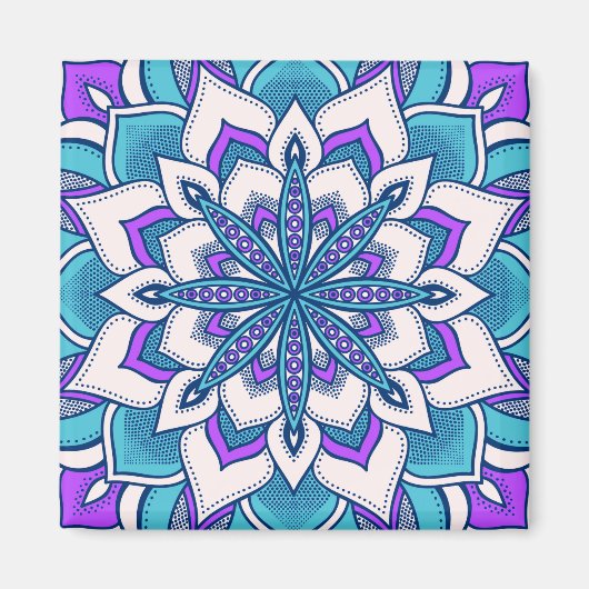 Türkisblaue Lila Blume Mandala Magnet (Vorne)
