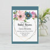 Türkisblaue Lila Blütengoldrahmen Einladung (Stehend Vorderseite)