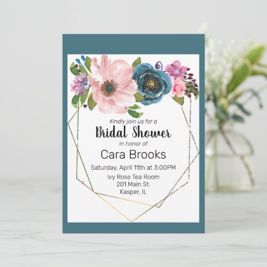 Türkisblaue Lila Blütengoldrahmen Einladung (Stehend Vorderseite)