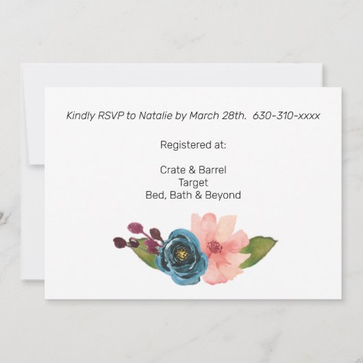 Türkisblaue Lila Blütengoldrahmen Einladung (Rückseite)