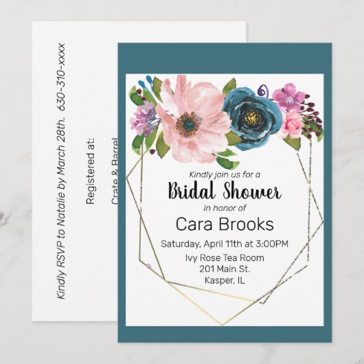 Türkisblaue Lila Blütengoldrahmen Einladung (Vorne/Hinten)