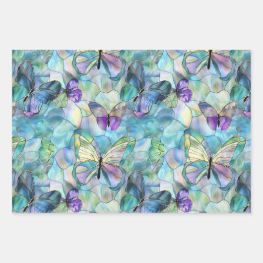 Türkisblaue Lila Schmetterlinge Geschenkpapier Set (Vorderseite)