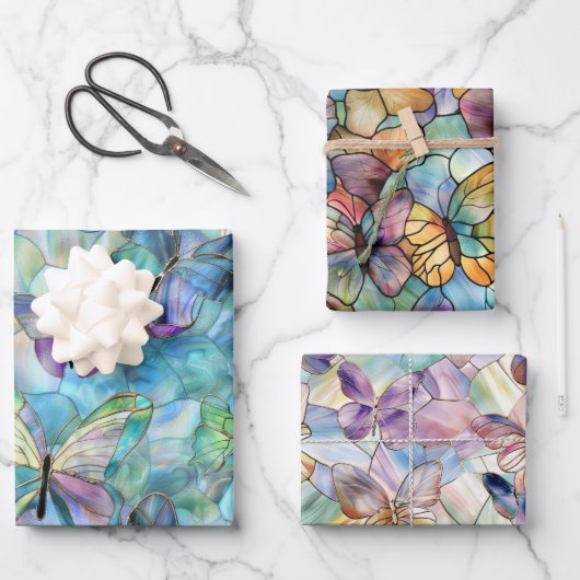 Türkisblaue Lila Schmetterlinge Geschenkpapier Set (Vorderseite)